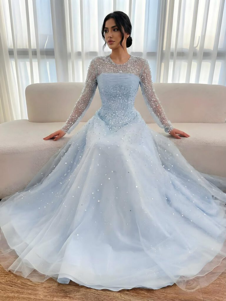 Nove Dress Blue Beaded Long Sleeve A-Line Arabic Evening Dress