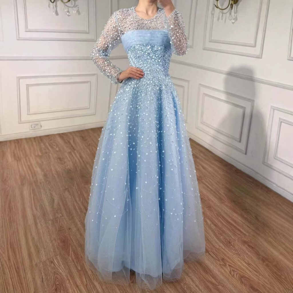 Nove Dress Blue Beaded Long Sleeve A-Line Arabic Evening Dress