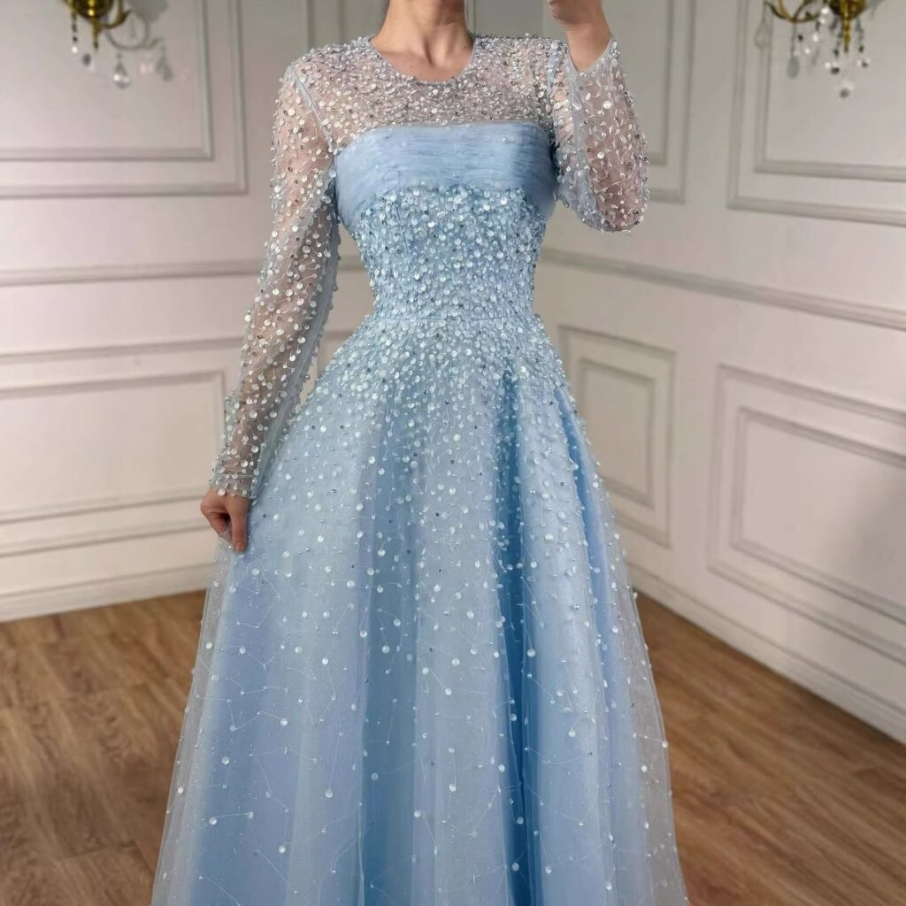 Nove Dress Blue Beaded Long Sleeve A-Line Arabic Evening Dress
