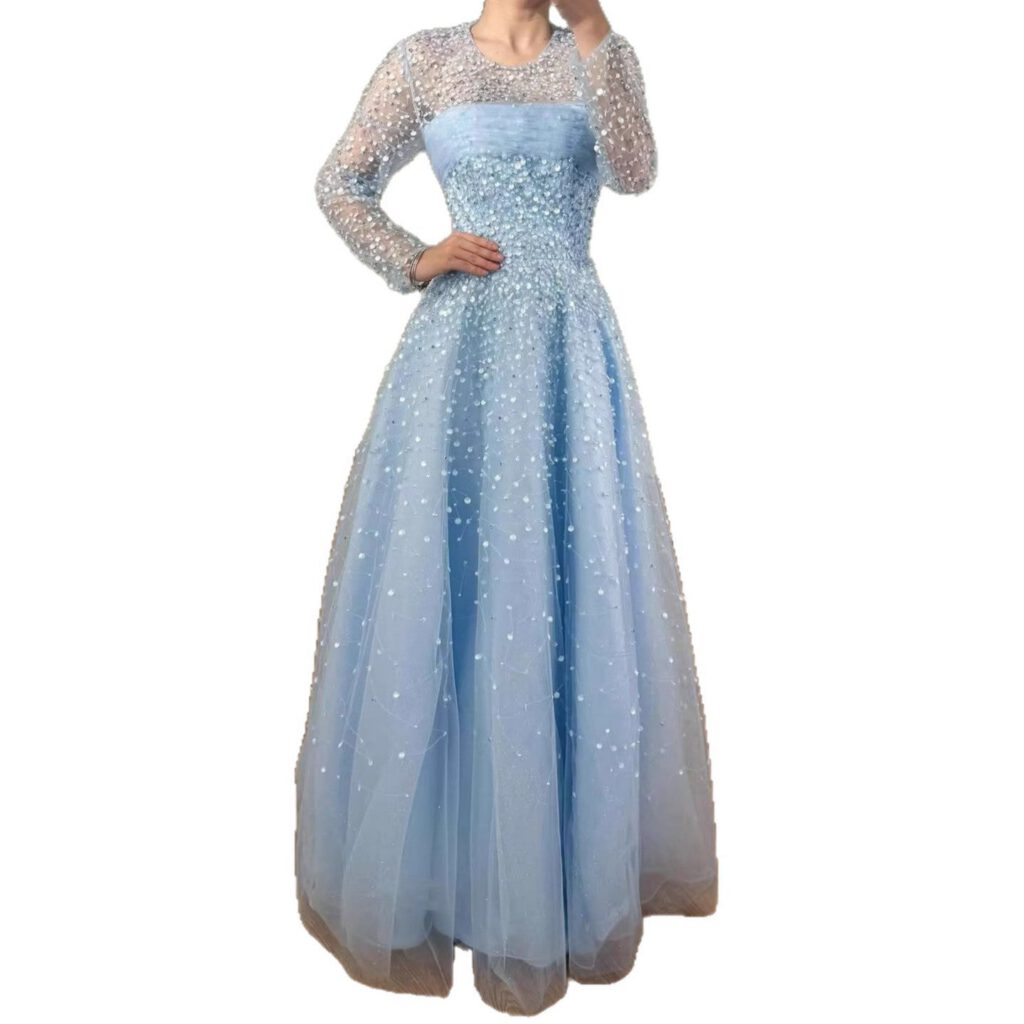 Nove Dress Blue Beaded Long Sleeve A-Line Arabic Evening Dress
