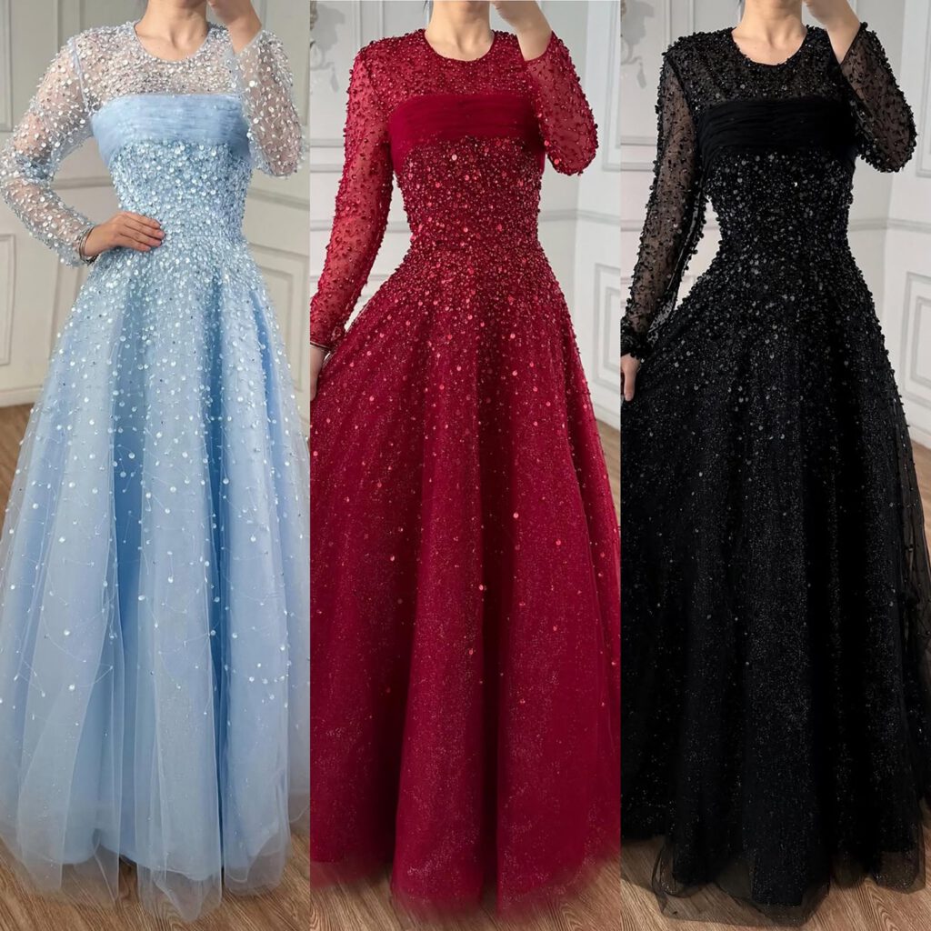 Nove Dress Blue Beaded Long Sleeve A-Line Arabic Evening Dress