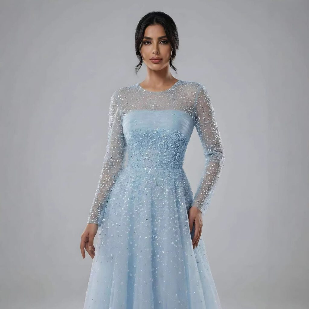 Nove Dress Blue Beaded Long Sleeve A-Line Arabic Evening Dress