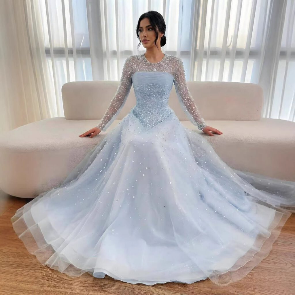 Nove Dress Blue Beaded Long Sleeve A-Line Arabic Evening Dress