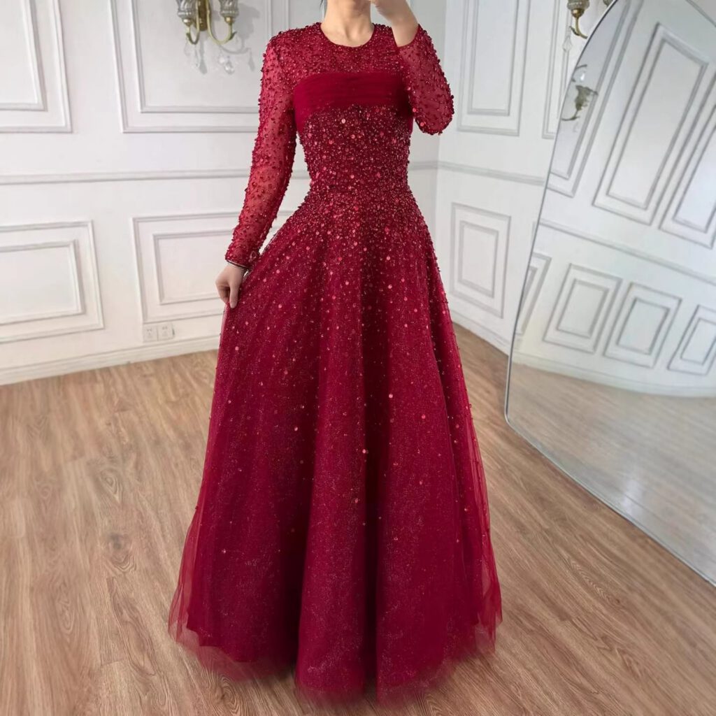 Nove Dress Blue Beaded Long Sleeve A-Line Arabic Evening Dress