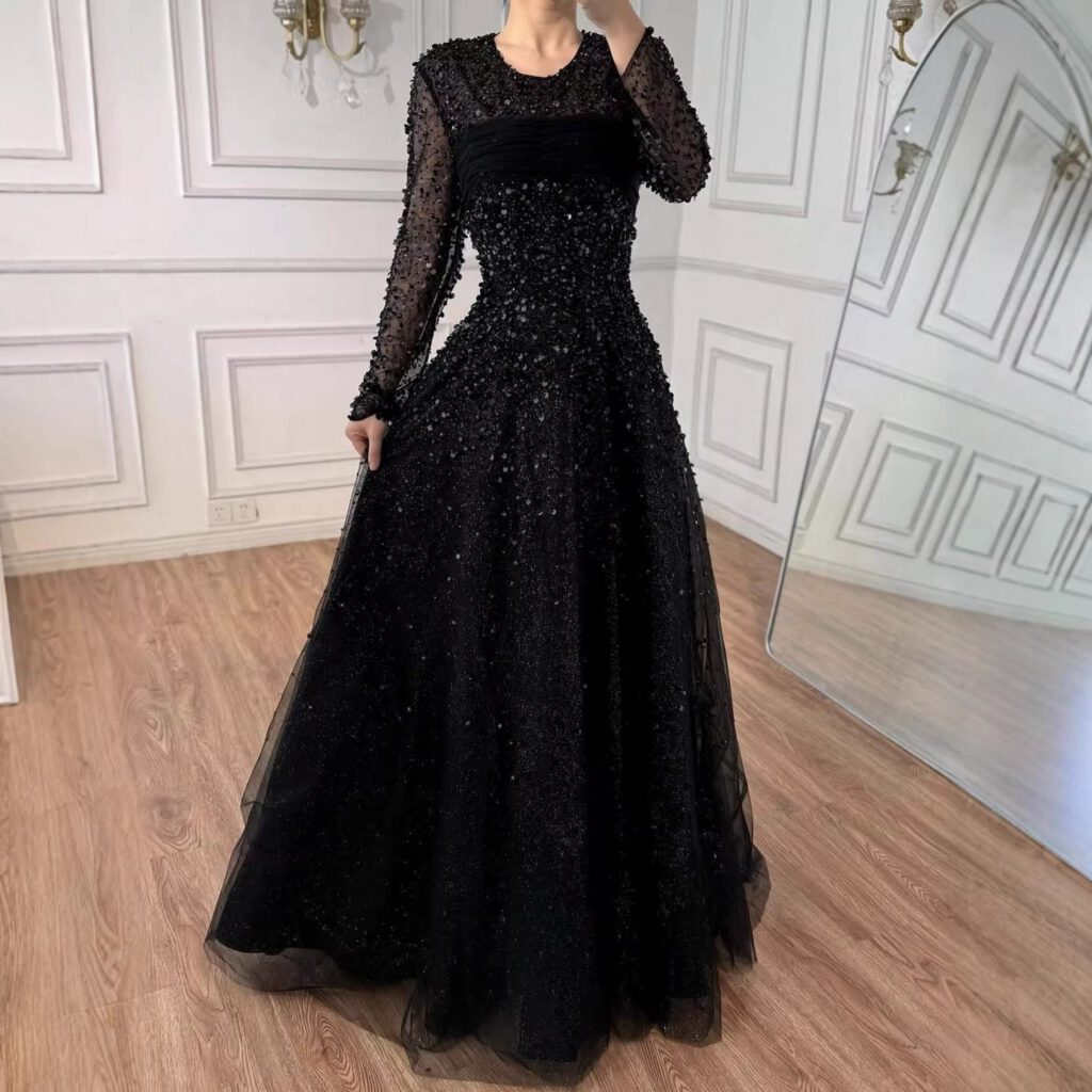 Nove Dress Blue Beaded Long Sleeve A-Line Arabic Evening Dress