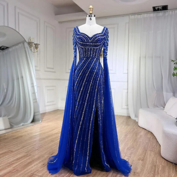 Nove Dress Blue Beaded Long Sleeve Mermaid Evening Dress 1 - Nove Dress
