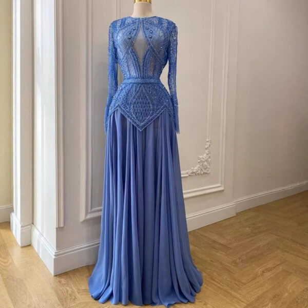 Nove Dress Blue Beaded Long Sleeve Modest Evening Dress 1 - Nove Dress