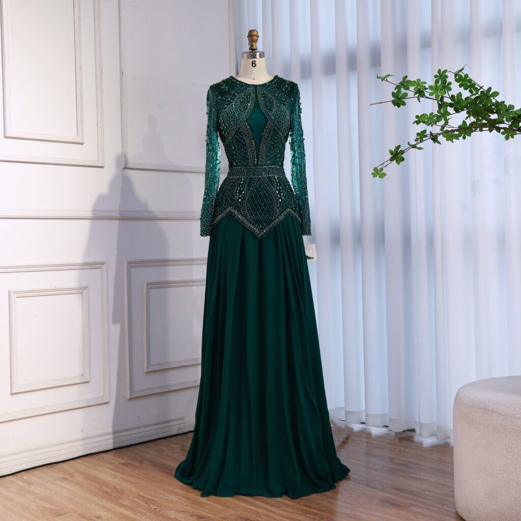 Nove Dress blau Abendkleid mit Perlenstickerei und langen Ärmeln im Modest-Stil