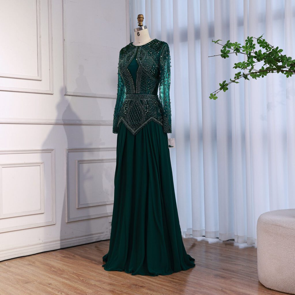 Nove Dress blau Abendkleid mit Perlenstickerei und langen Ärmeln im Modest-Stil