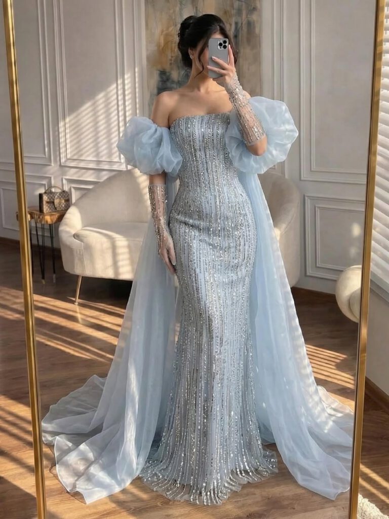 Nove Dress blau Meerjungfrau Abendkleid mit Perlenstickerei im arabischen Stil