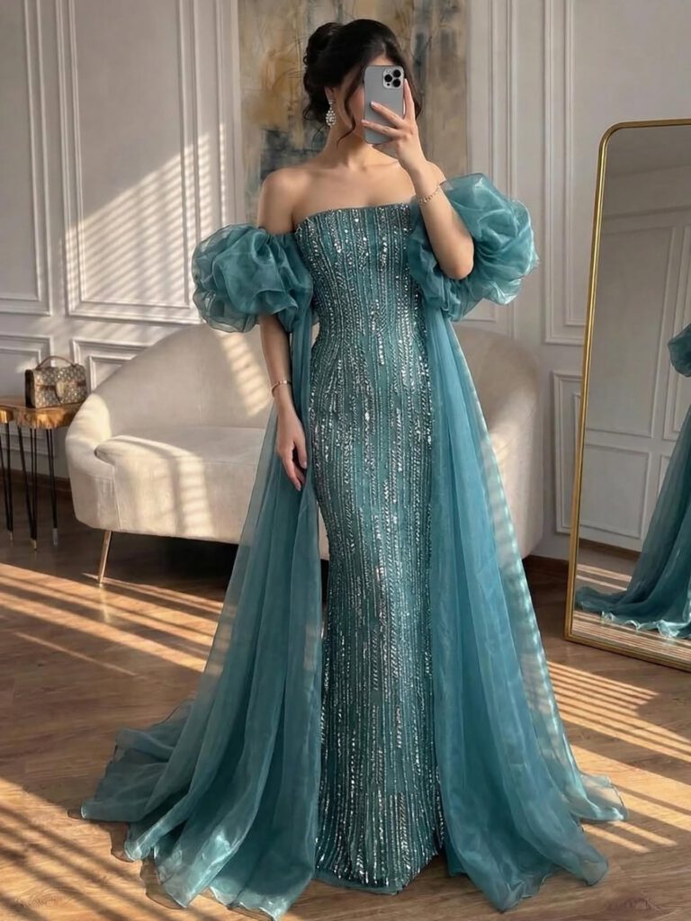 Nove Dress blau Meerjungfrau Abendkleid mit Perlenstickerei im arabischen Stil