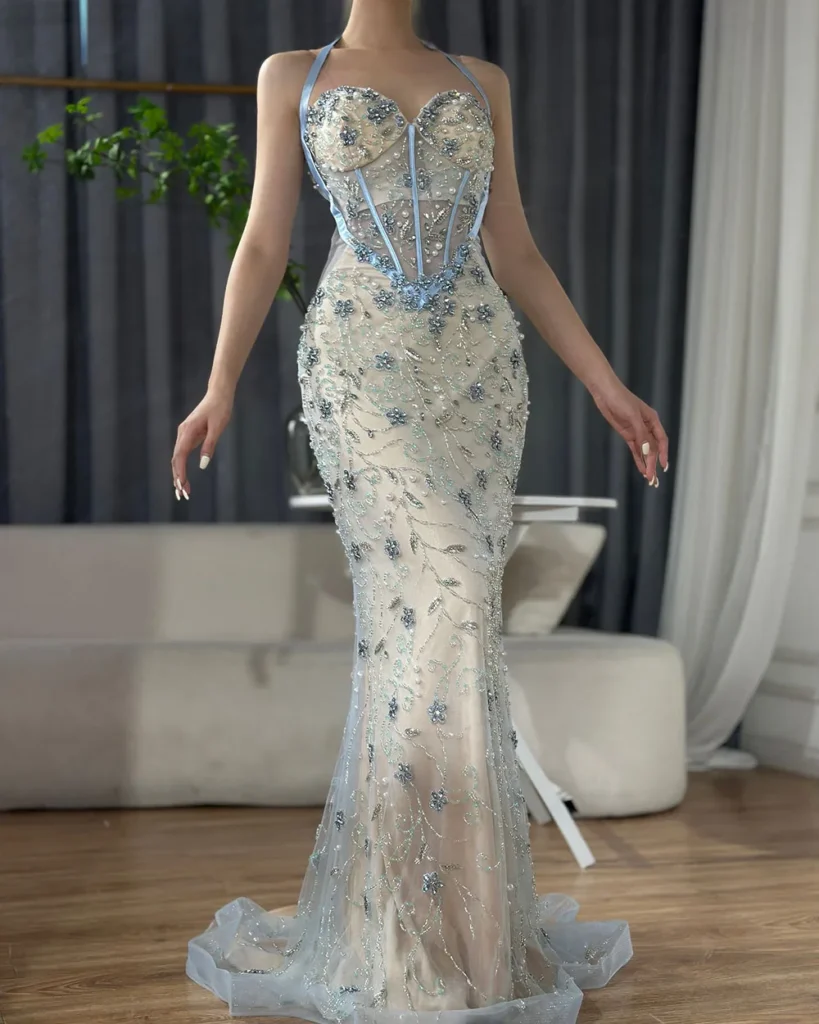 Nove Dress Blue Beaded Mermaid Arabic Evening Dress - Style
