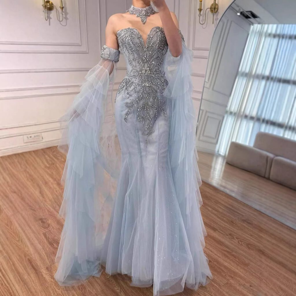 Nove Dress Blue Beaded Mermaid Evening Dress - Style