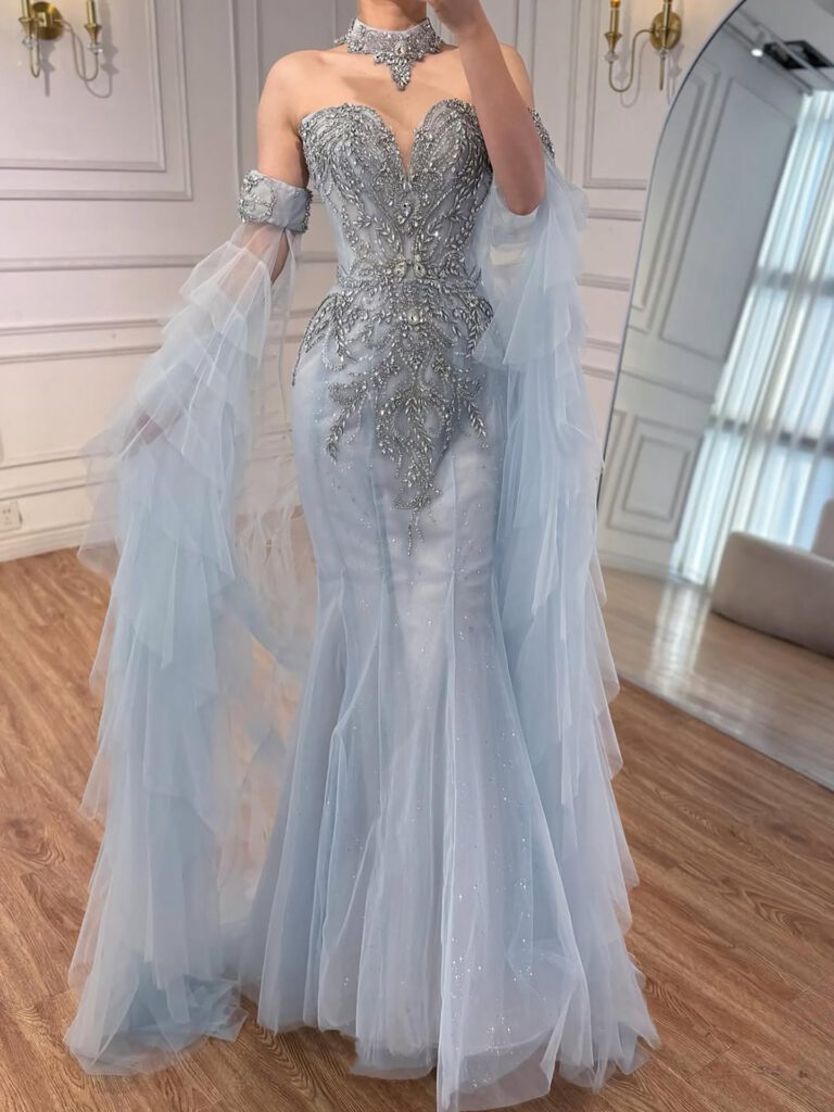 Nove Dress Blue Beaded Mermaid Evening Dress - Style