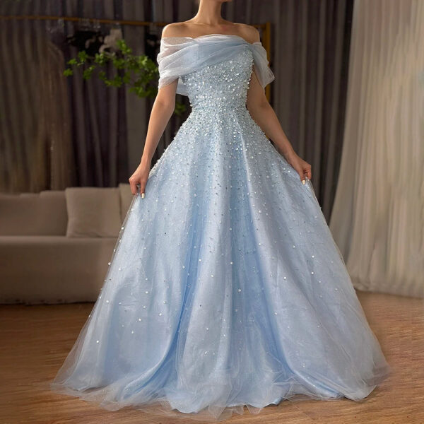 Nove Dress Blue Beaded Off Shoulder A-Line Arabic Evening Dress 1 - Nove Dress