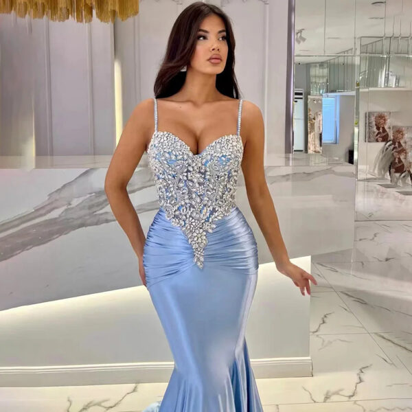 Nove Dress Blue Beaded Satin Mermaid Evening Dress 1 - Nove Dress