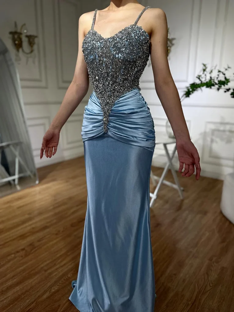 Nove Dress Blue Beaded Satin Mermaid Evening Dress