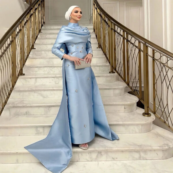 Nove Dress Blue Beaded Satin Overskirt Mermaid Modest Evening Dress 1 - Nove Dress