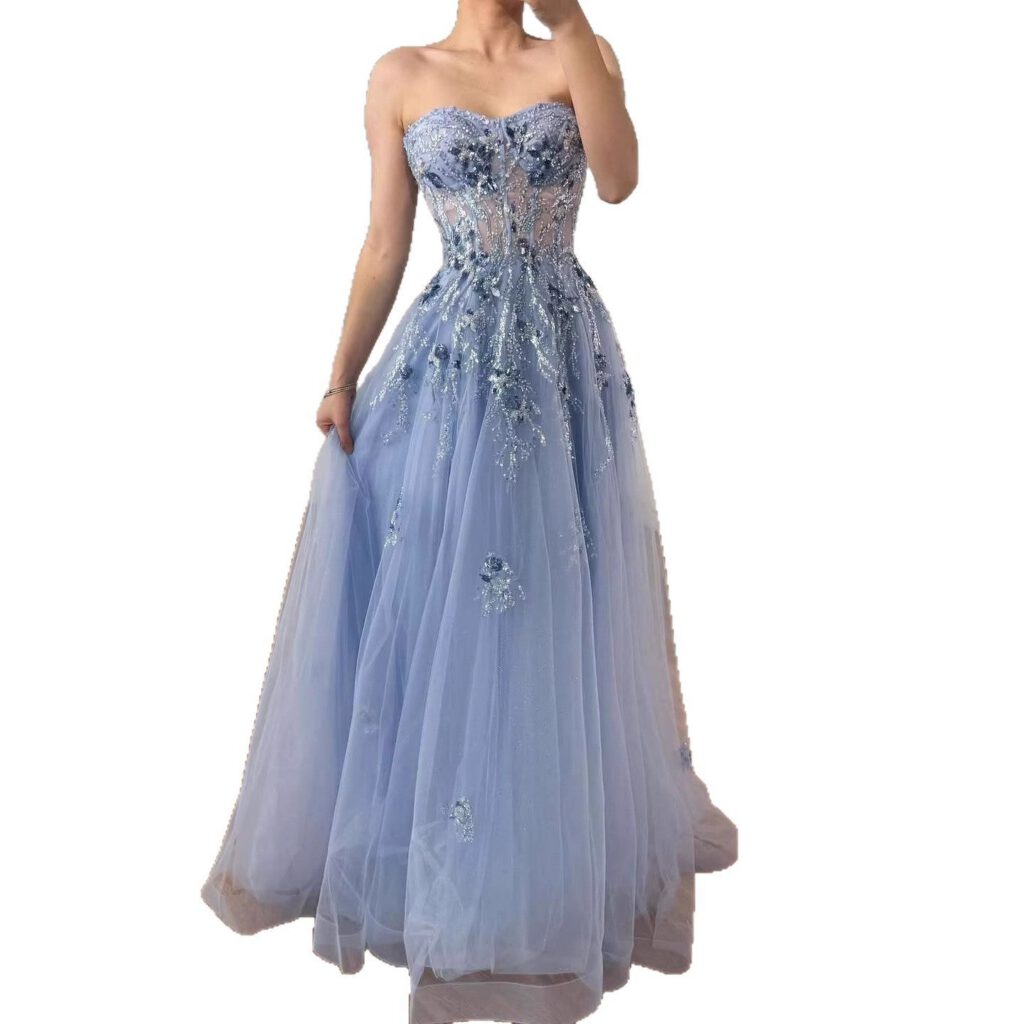 Nove Dress blauw A-lijn avondjurk met borduurwerk en strapless voor prom