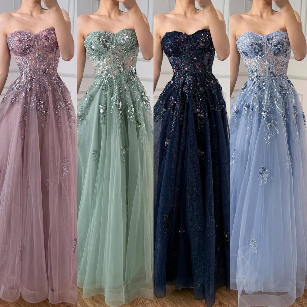 Nove Dress blauw A-lijn avondjurk met borduurwerk en strapless voor prom
