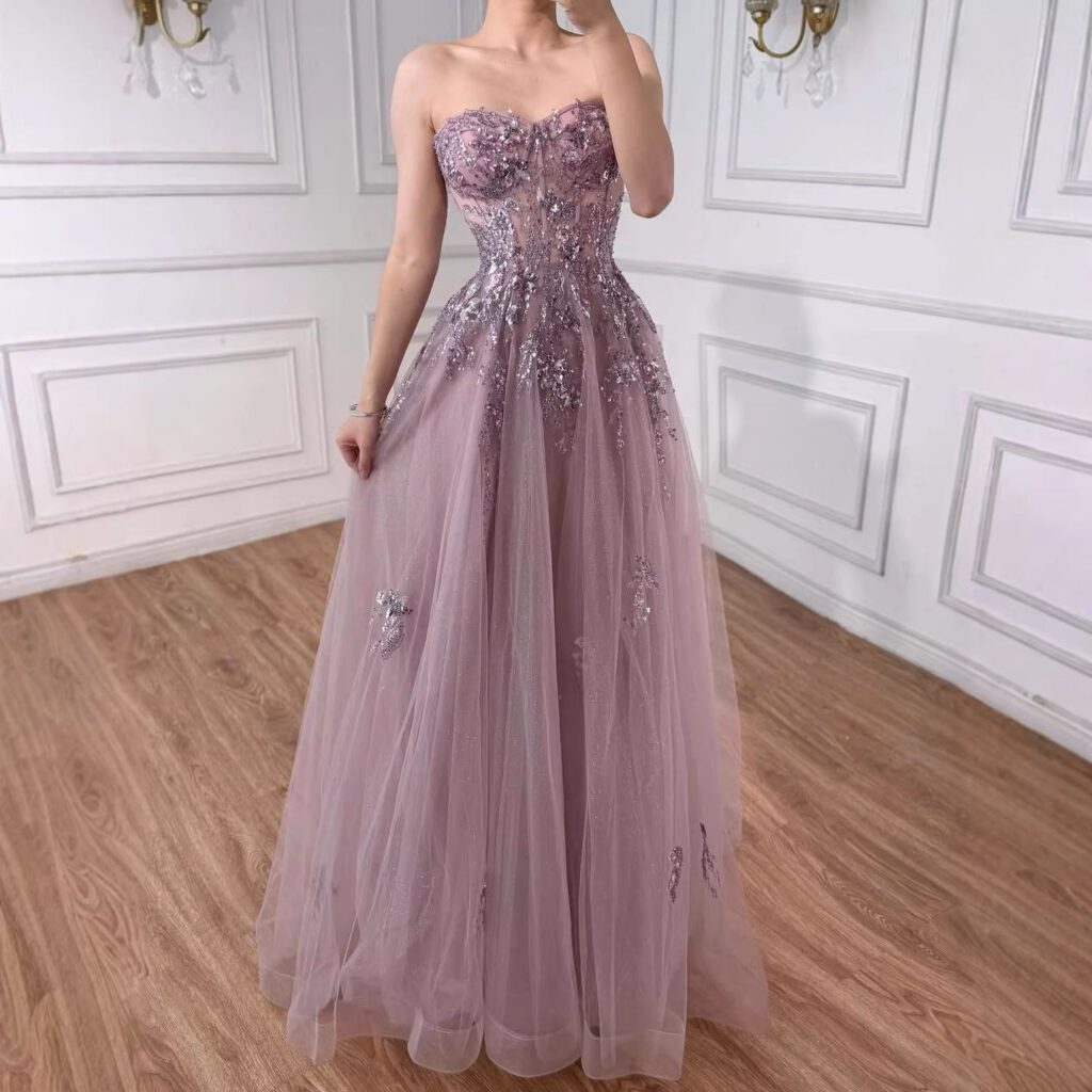 Nove Dress blauw A-lijn avondjurk met borduurwerk en strapless voor prom
