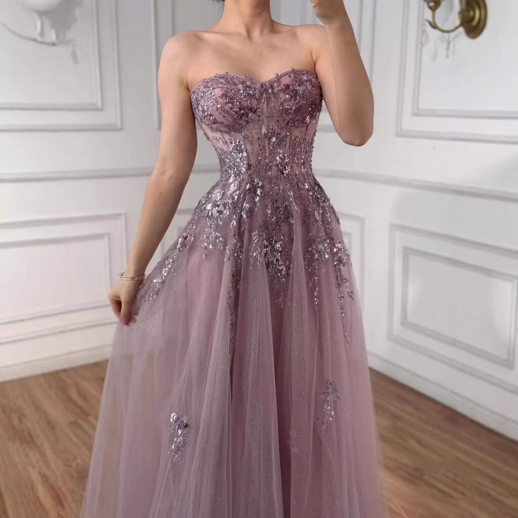 Nove Dress blauw A-lijn avondjurk met borduurwerk en strapless voor prom