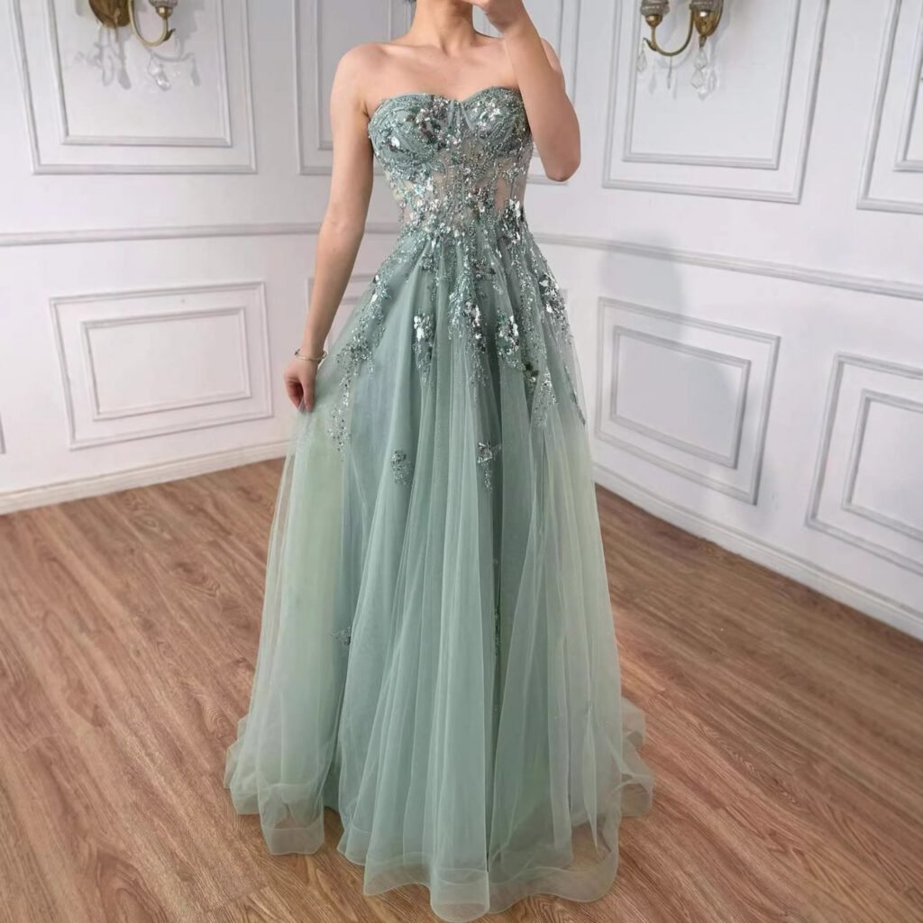 Nove Dress blauw A-lijn avondjurk met borduurwerk en strapless voor prom