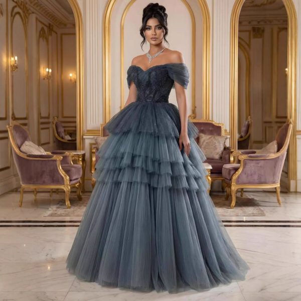 Nove Dress Blue Beaded Tulle Off Shoulder A-Line Evening Dress 1 - Nove Dress