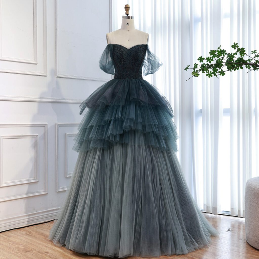 Nove Dress فستان سهرة أزرق قصة A-line مطرز تول مكشوف الكتفين