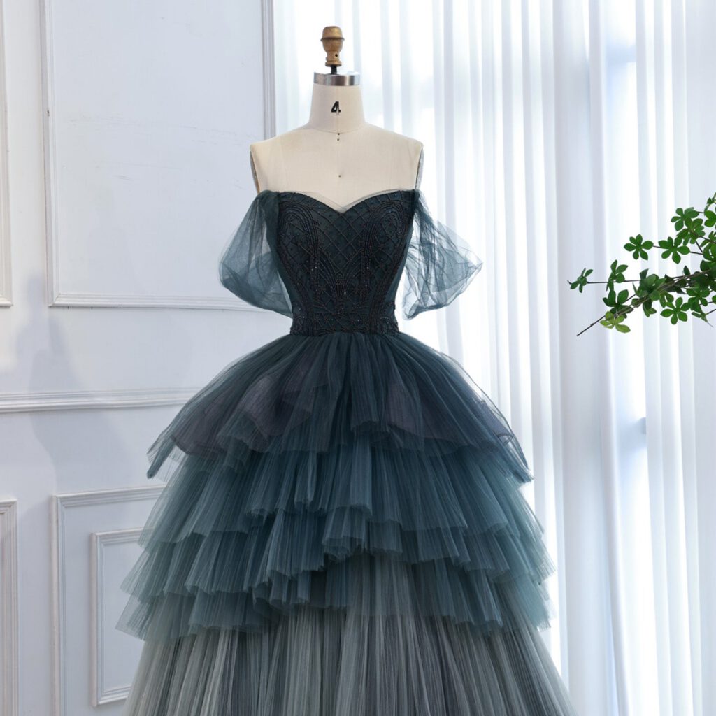 Nove Dress فستان سهرة أزرق قصة A-line مطرز تول مكشوف الكتفين