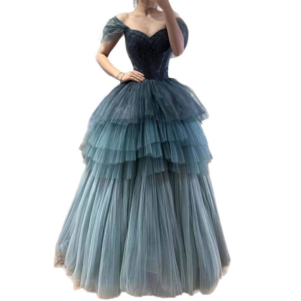 Nove Dress فستان سهرة أزرق قصة A-line مطرز تول مكشوف الكتفين