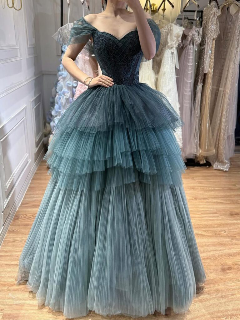 Nove Dress فستان سهرة أزرق قصة A-line مطرز تول مكشوف الكتفين