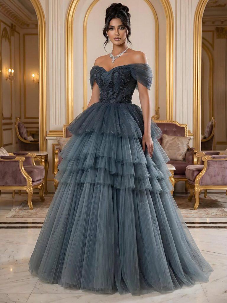 Nove Dress فستان سهرة أزرق قصة A-line مطرز تول مكشوف الكتفين