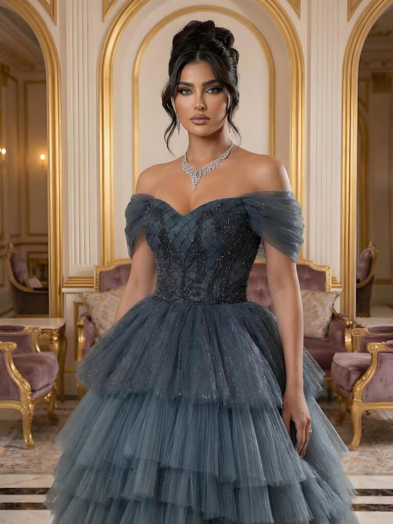 Nove Dress فستان سهرة أزرق قصة A-line مطرز تول مكشوف الكتفين