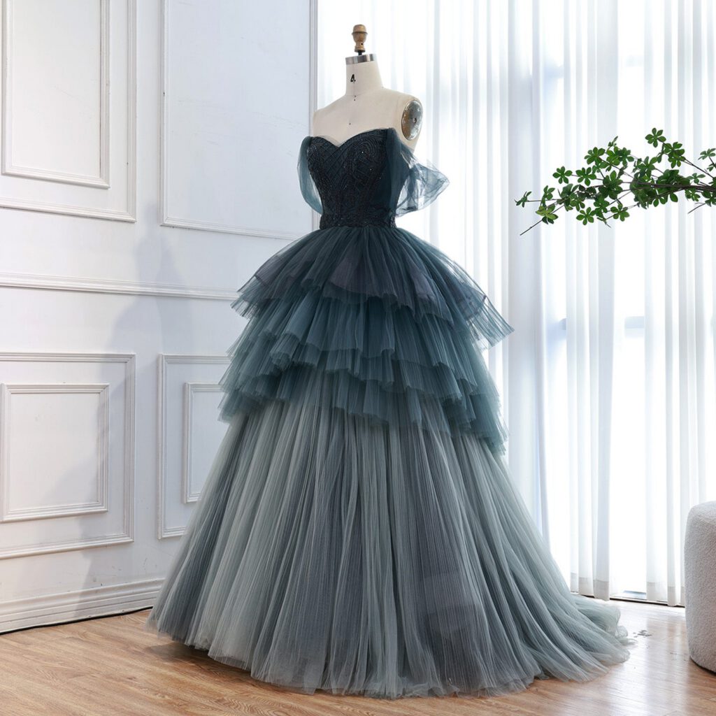 Nove Dress فستان سهرة أزرق قصة A-line مطرز تول مكشوف الكتفين