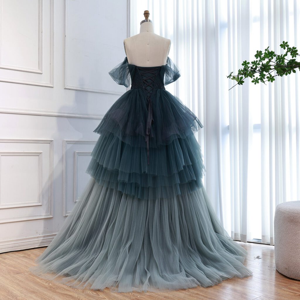 Nove Dress فستان سهرة أزرق قصة A-line مطرز تول مكشوف الكتفين