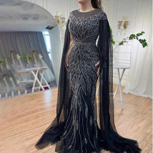 Nove Dress Blue Cape Sleeve Mermaid Arabic Evening Dress 1 - Nove Dress