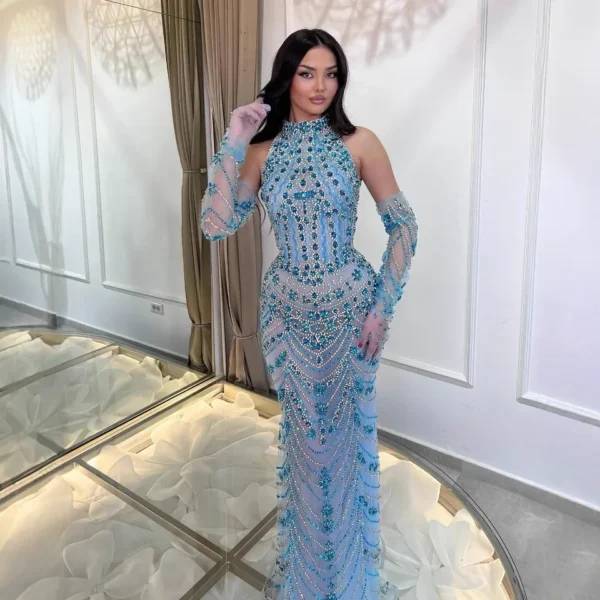 Nove Dress Blue Crystal Beaded High Neck Mermaid Arabic Evening Dress 1 - Nove Dress