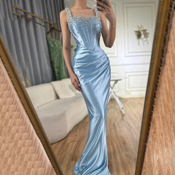 Nove Dress Blue Crystal Beaded High Slit Mermaid Arabic Evening Dress 1 - Nove Dress