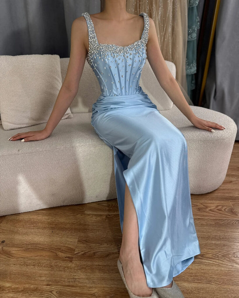 Nove Dress Blue Crystal Beaded High Slit Mermaid Arabic Evening Dress
