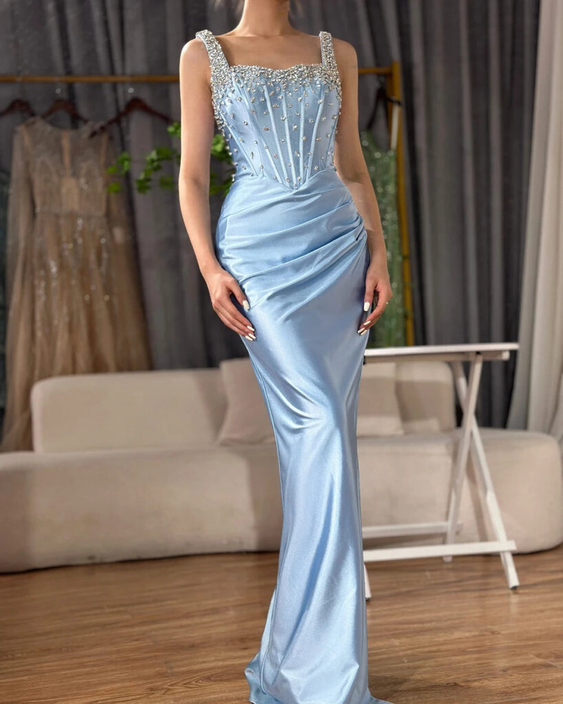Nove Dress Blue Crystal Beaded High Slit Mermaid Arabic Evening Dress