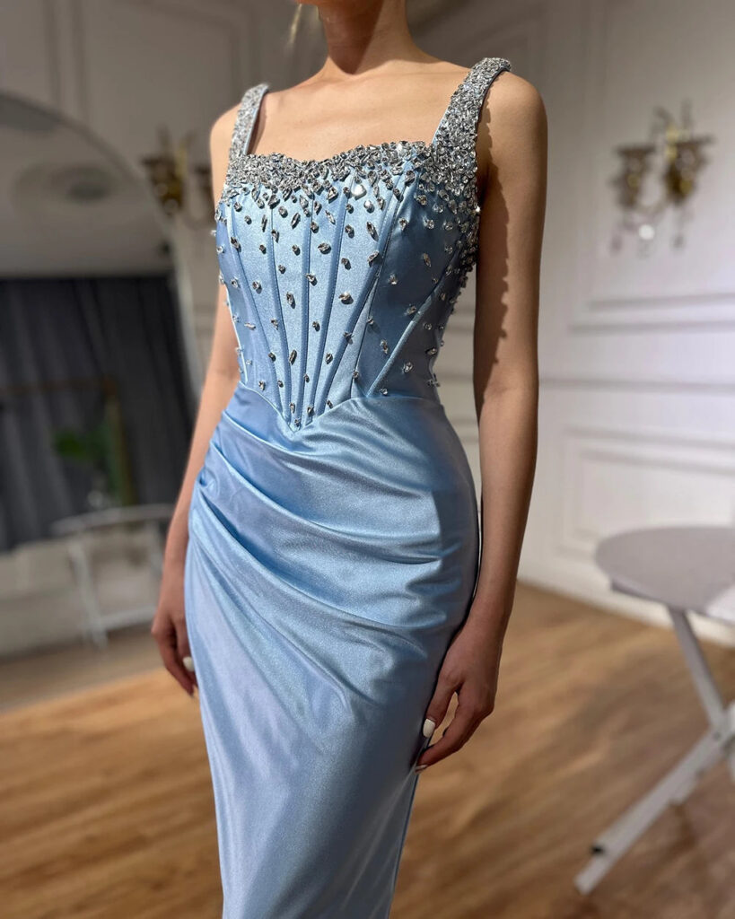 Nove Dress Blue Crystal Beaded High Slit Mermaid Arabic Evening Dress