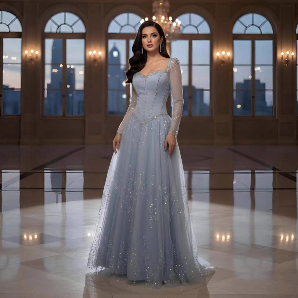 Nove Dress blau A-Linie Abendkleid mit Kristallbesatz und langen Ärmeln