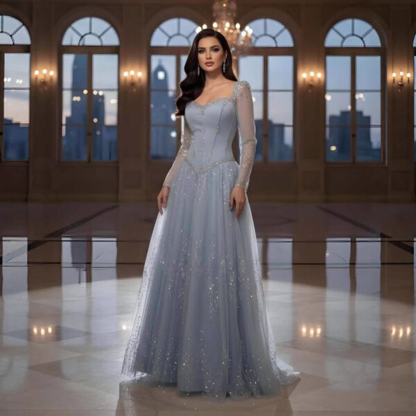 Nove Dress Blue Crystal Beaded Long Sleeve A-Line Evening Dress 1 - Nove Dress