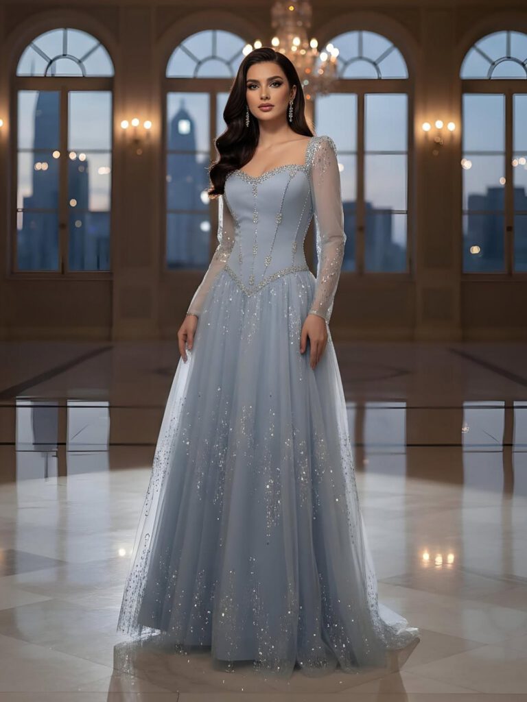 Nove Dress blau A-Linie Abendkleid mit Kristallbesatz und langen Ärmeln