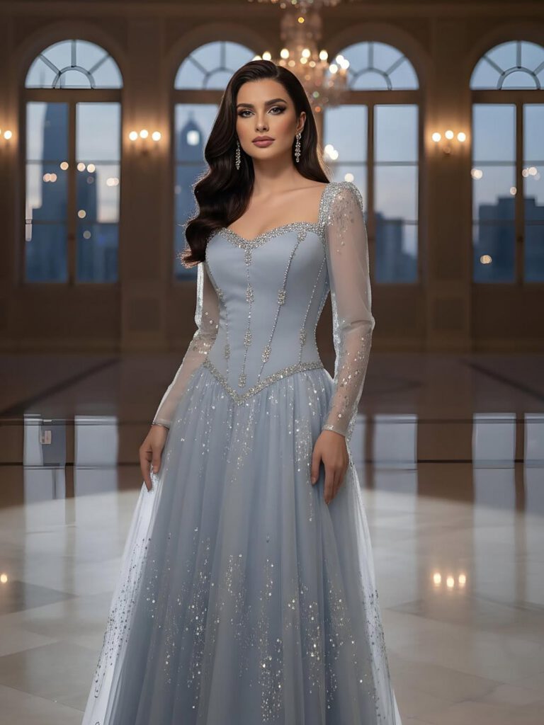Nove Dress blau A-Linie Abendkleid mit Kristallbesatz und langen Ärmeln