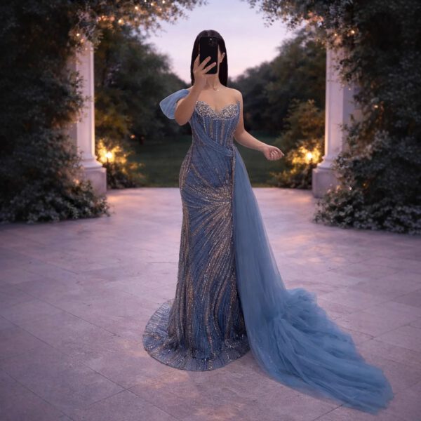 Nove Dress Blue Crystal Beaded One Shoulder Mermaid Evening Dress 1 - Nove Dress
