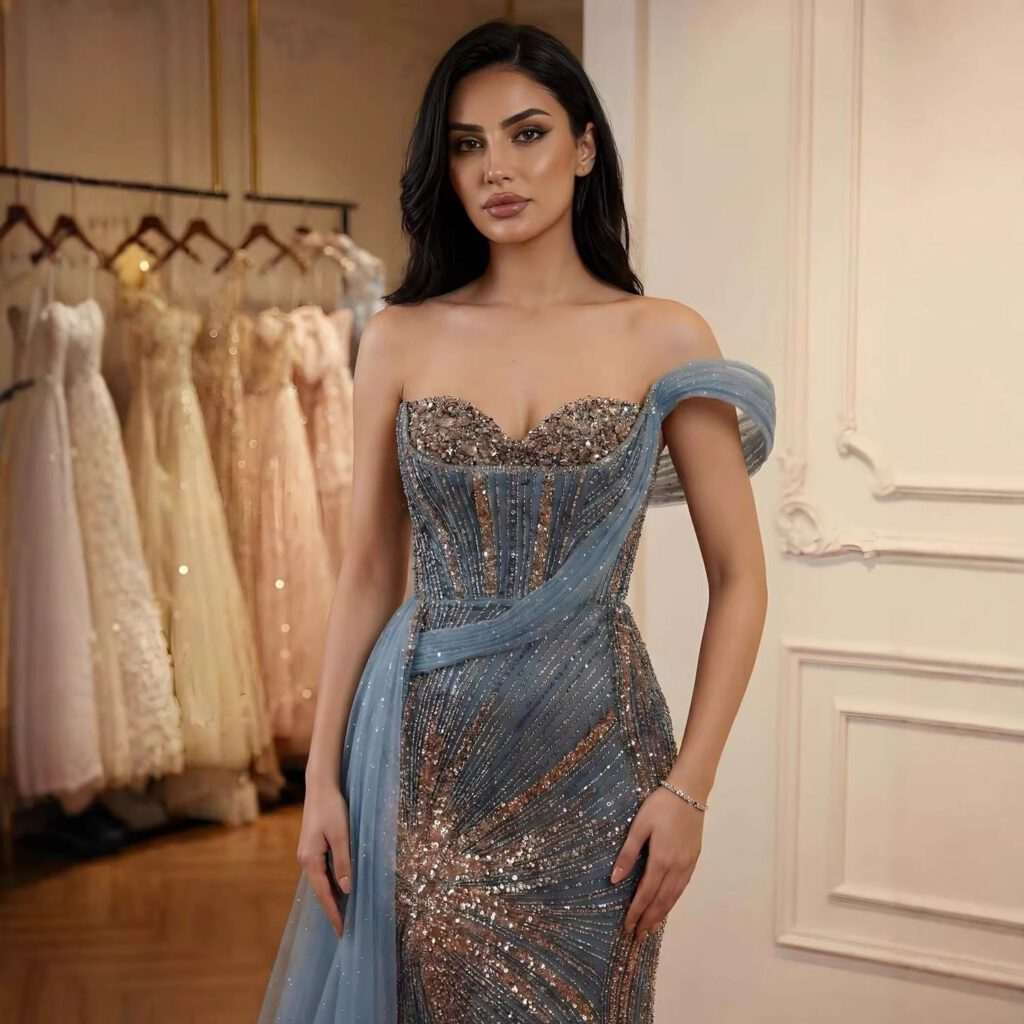 Nove Dress blauw mermaid avondjurk met kristalborduurwerk en one-shoulder