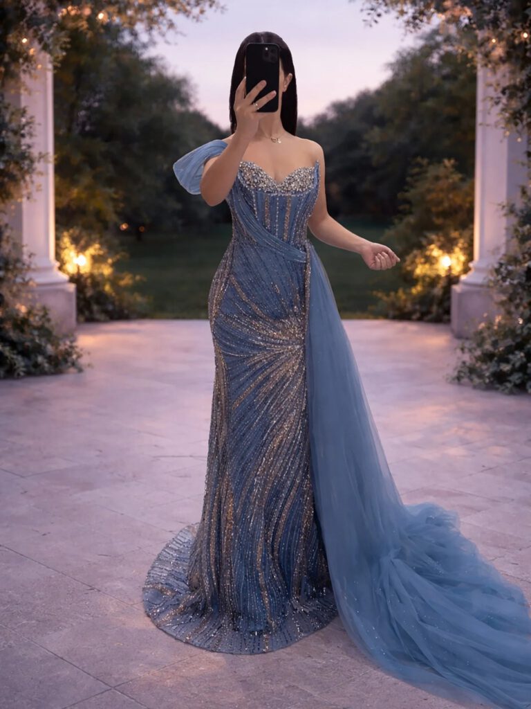 Nove Dress blauw mermaid avondjurk met kristalborduurwerk en one-shoulder