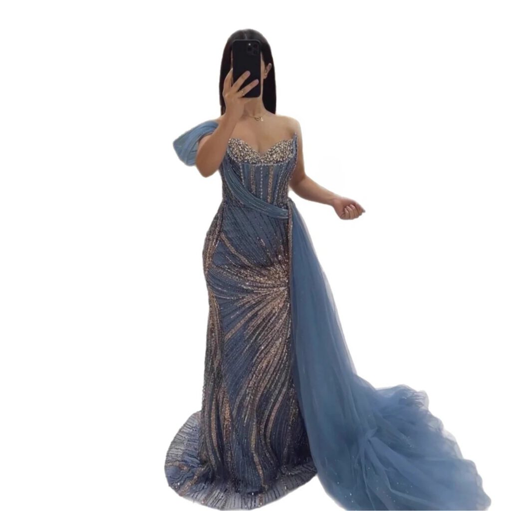 Nove Dress blauw mermaid avondjurk met kristalborduurwerk en one-shoulder